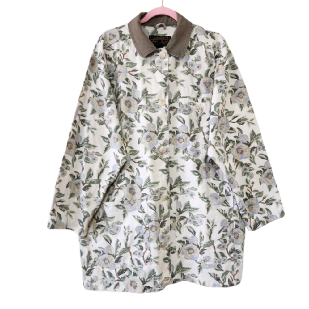 EDDIE BAUER Cream Floral Chore Utility Jacket Button Front Pockets Large #0406